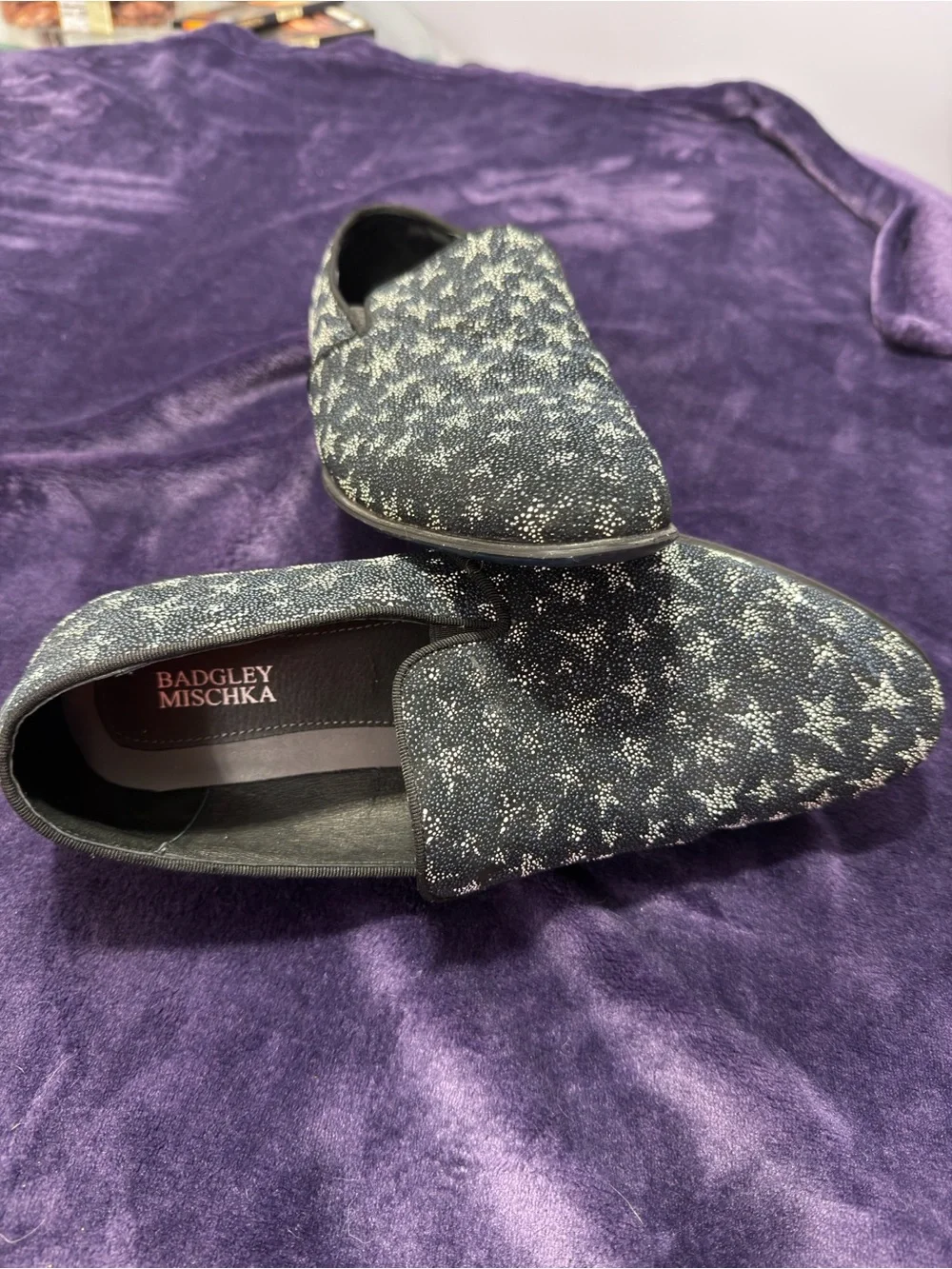 Badgley Mischka Midnight Blue Slip-On Loafers with Silver Star Pattern